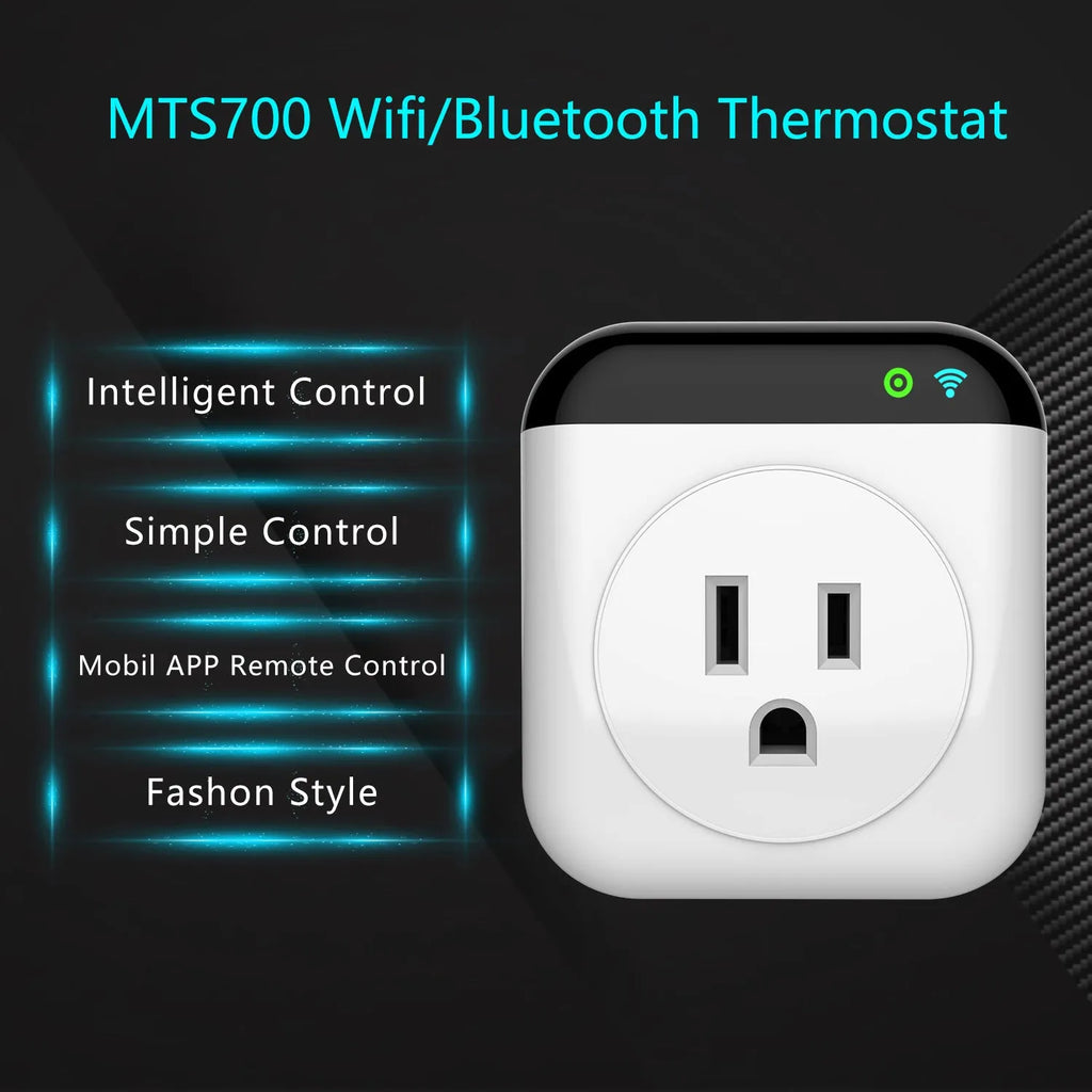 White Tuya smart temperature control socket with US three-prong outlet and a connected temperature sensor probe.