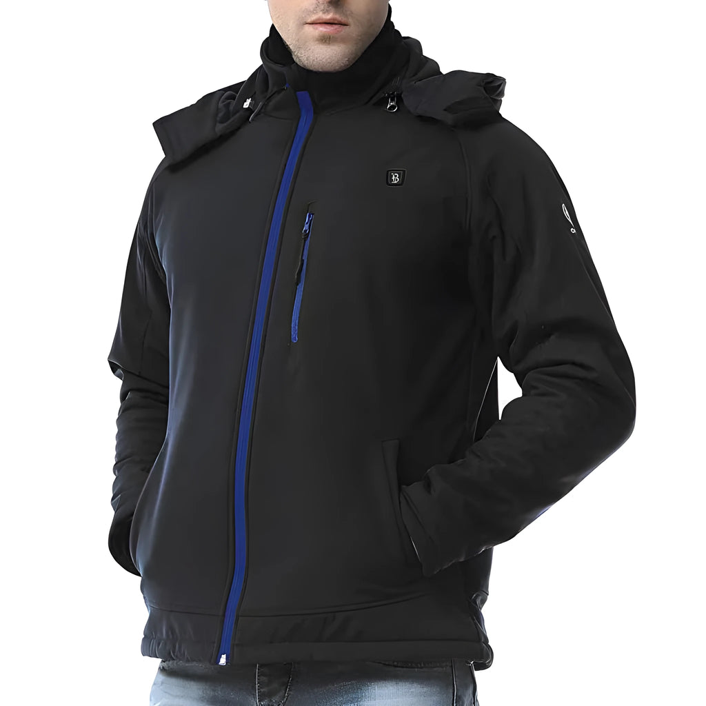 Black USB-heated men's winter coat with long sleeves, straight hem, and zipper pockets.
