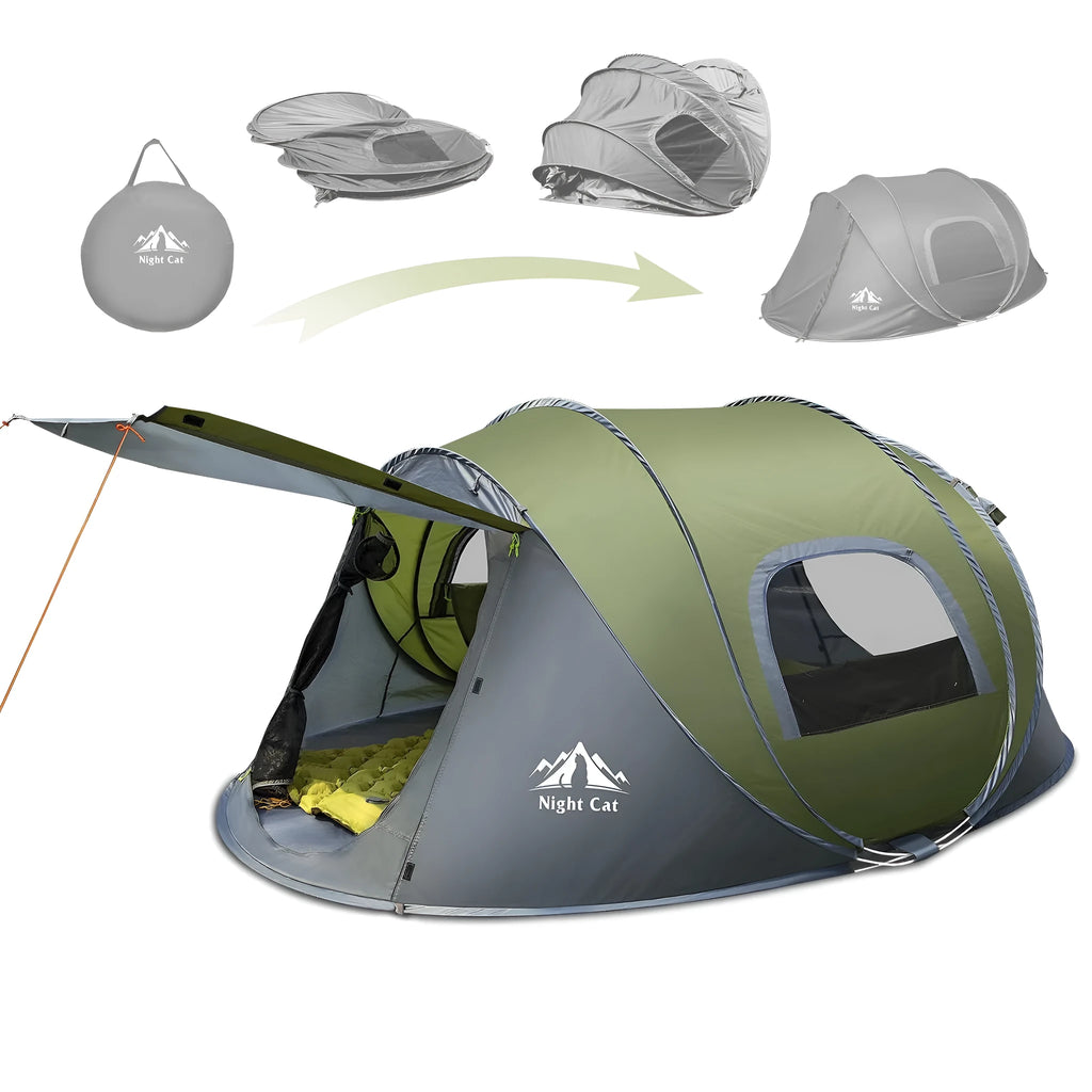 Dark green automatic pop-up camping tent for two people with dimensions 2.9m long by 2m wide