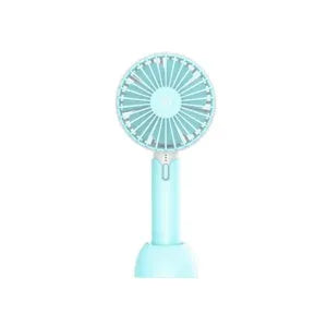 Blue handheld mini electric fan with USB cable, three speed buttons, and shaking head function