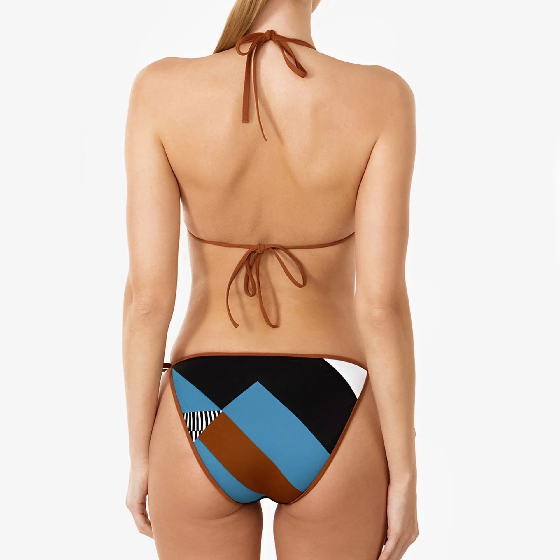 Women's skinny print split swimsuit bikini set in picture colour with backless design