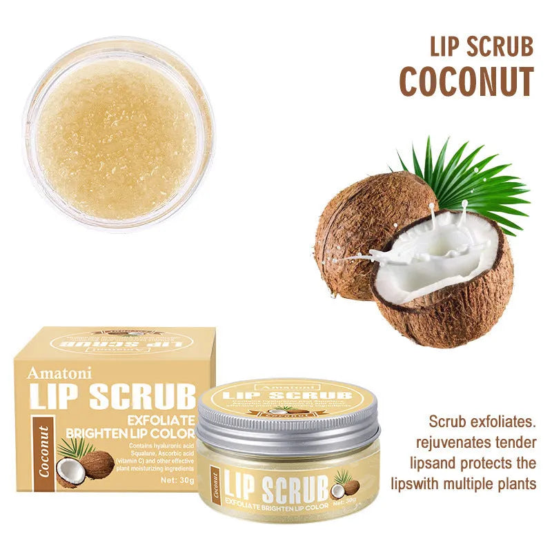 Amatoni Lip Scrub Cream pot in fruit flavours including coconut, raspberry, vanilla, and watermelon, 30g net weight.