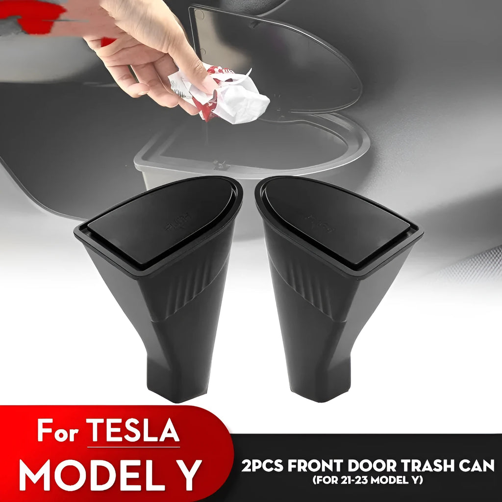 Black waterproof car door trash cans for Tesla Model Y front seats, ABS plastic twin pack