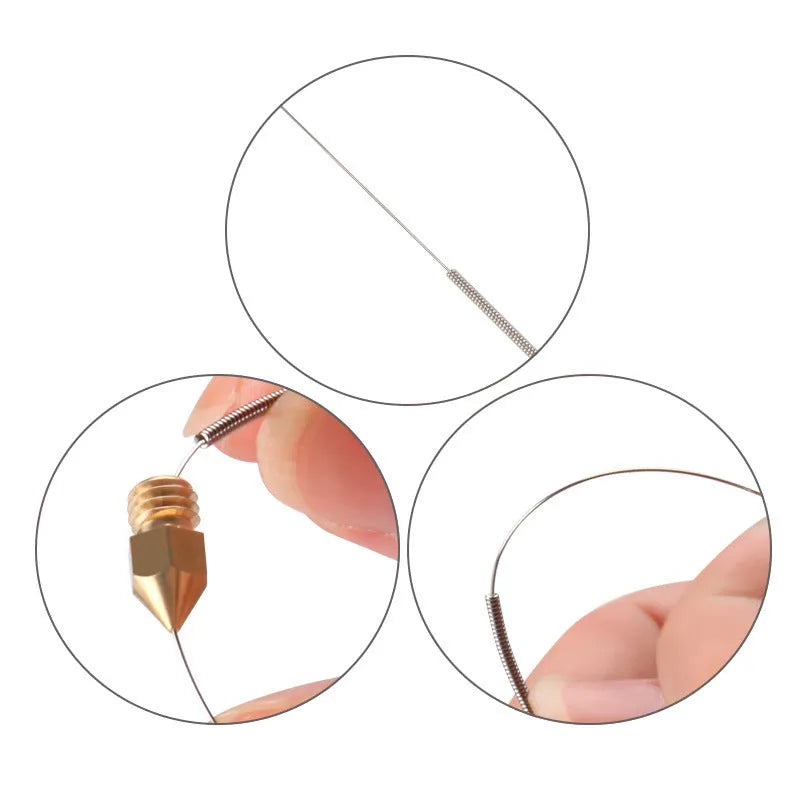 Pack of ten 3D printer nozzle cleaning needles for Mk8 and E3D hotends in various diameters.