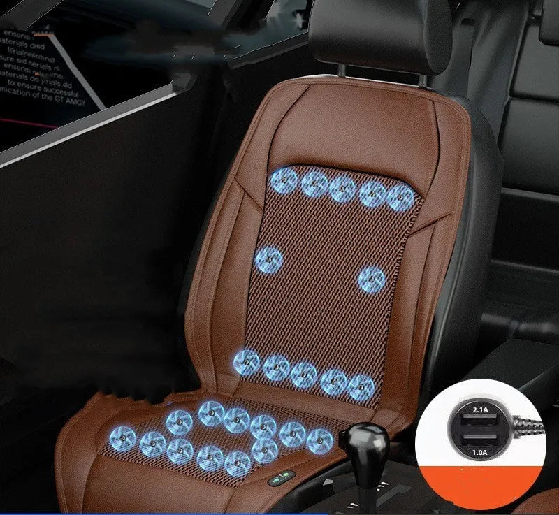 Car seat cooling cushion with ventilation grid and fan unit, shown in black colour