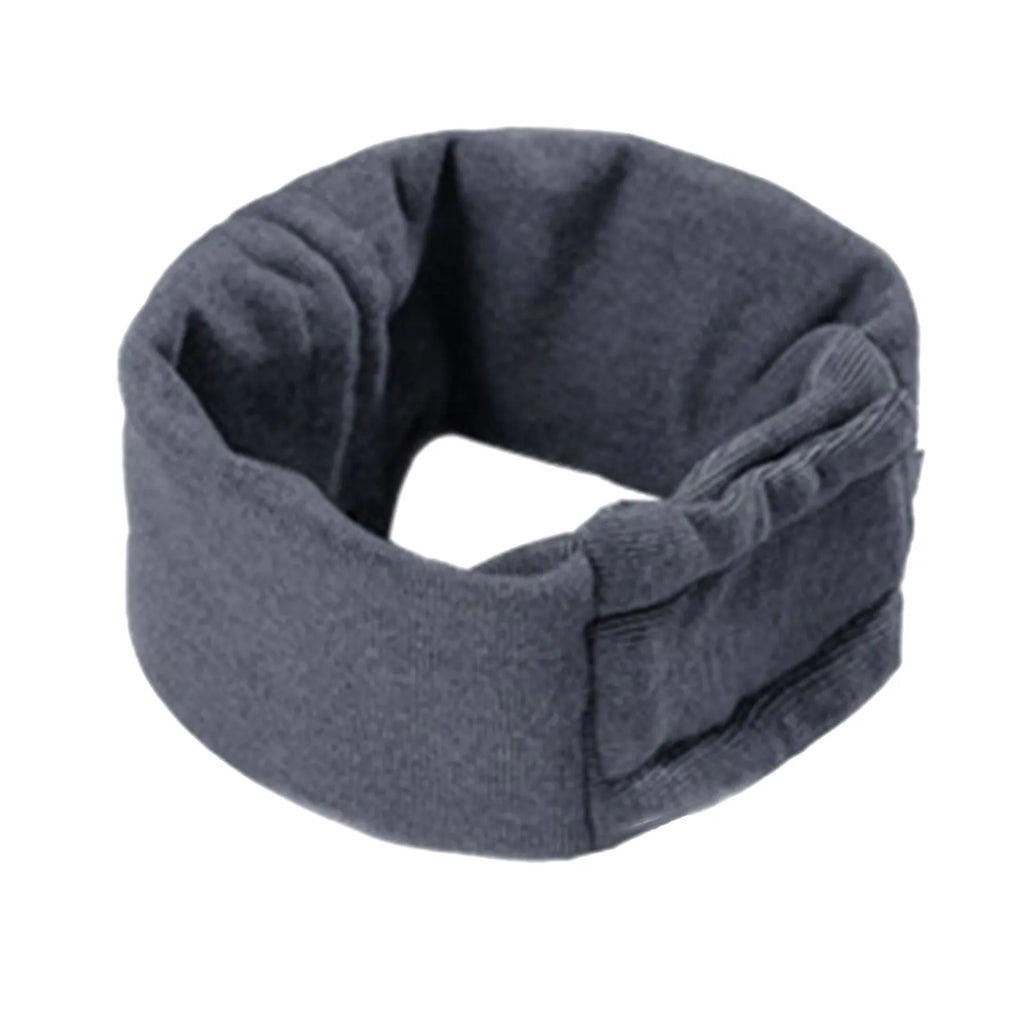 Black dog hoodie head cover with ear muffs for calming and hair control.