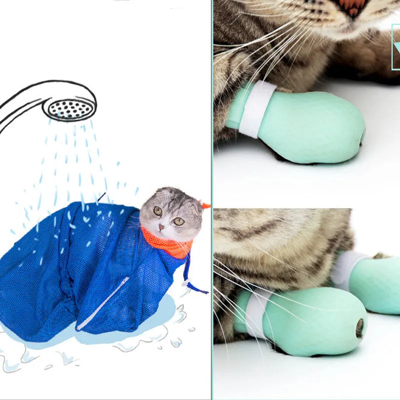 Four green silicone foot covers for protecting hands from cat scratches during pet care.