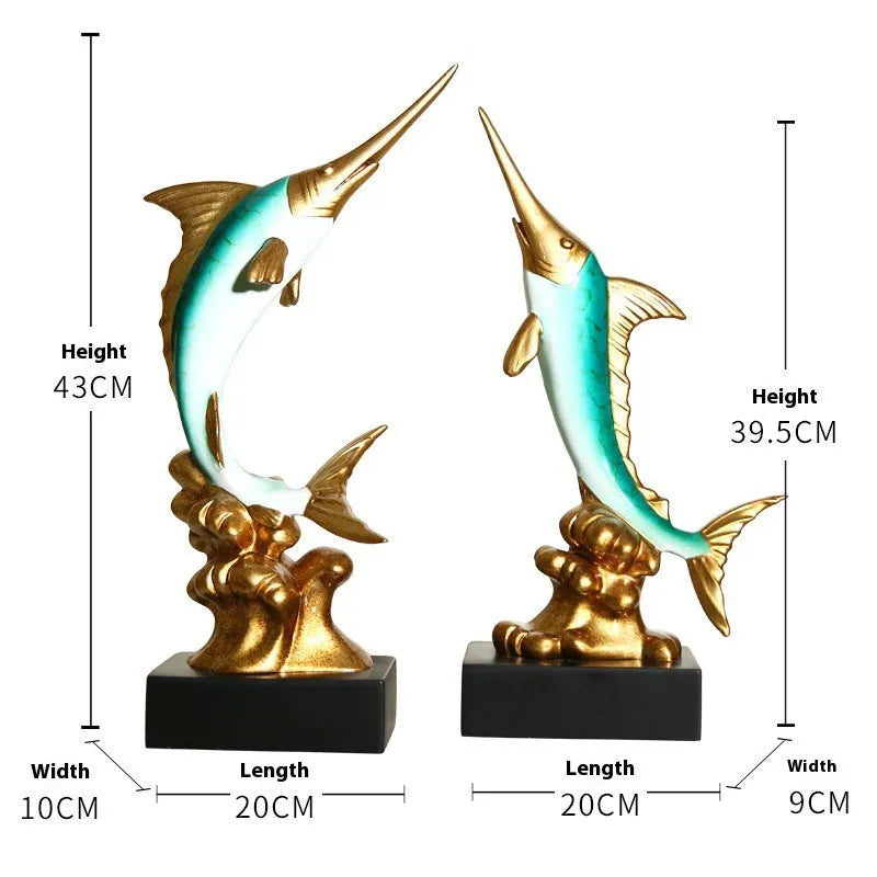 Detailed resin European swordfish decoration in a choice of four colours on a shelf.
