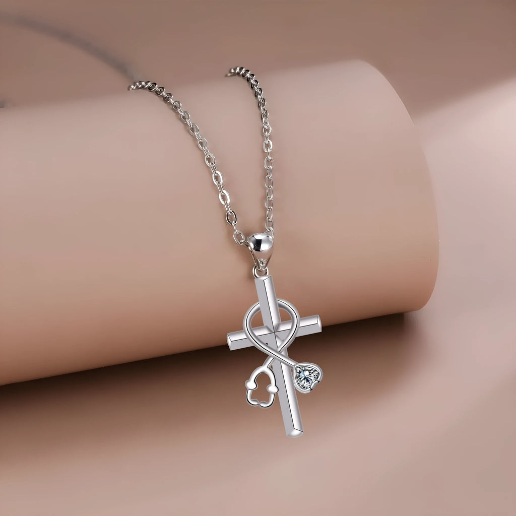 Women's stethoscope necklace with cross pendant made from electroplated copper on cross chain