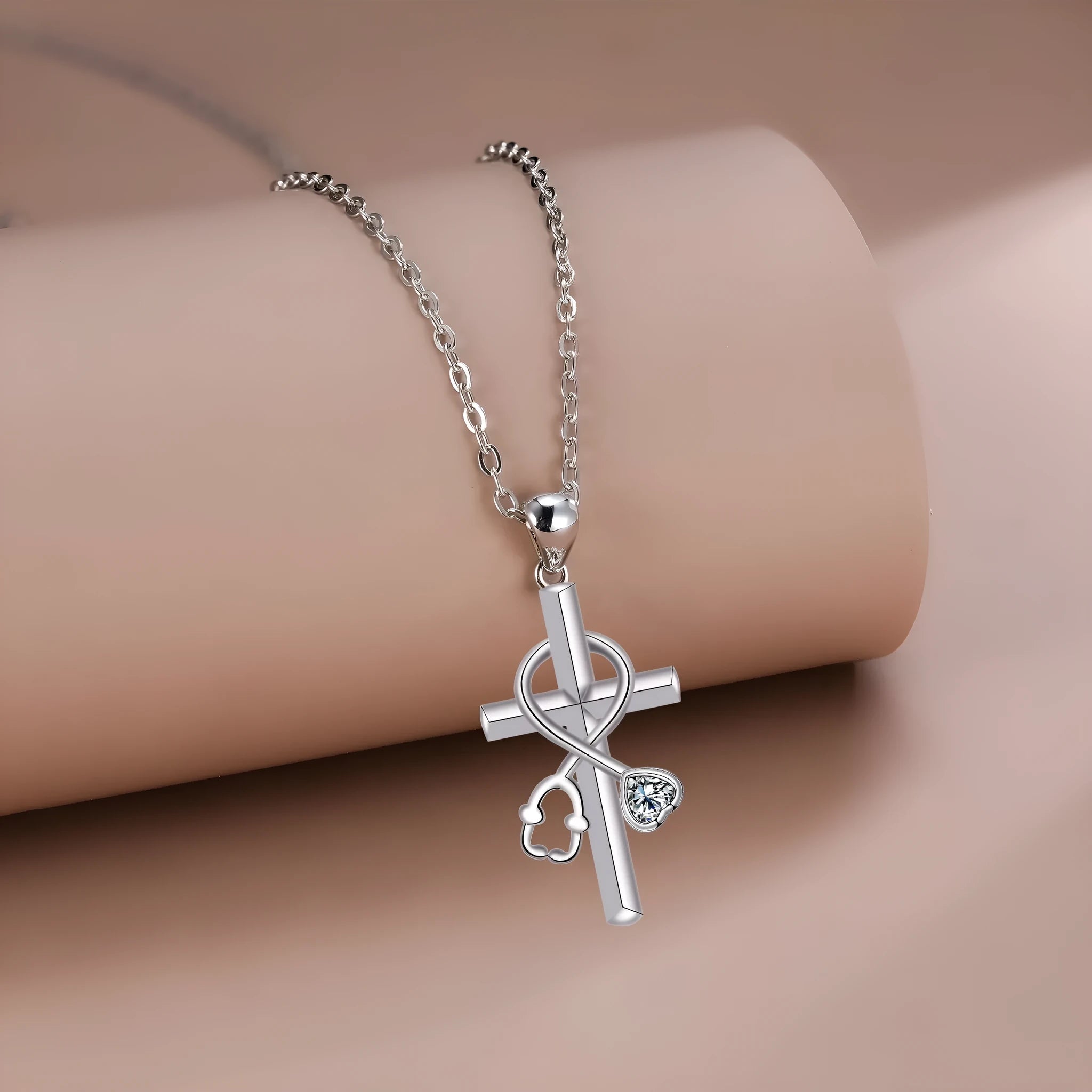 Women's stethoscope necklace with cross pendant made from electroplated copper on cross chain