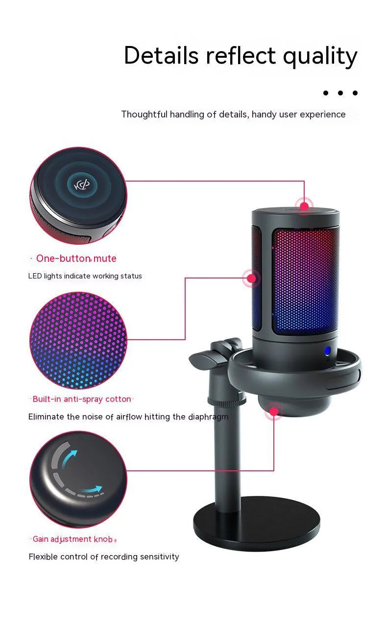 Condenser USB microphone with RGB lighting in black, white, or pink colours