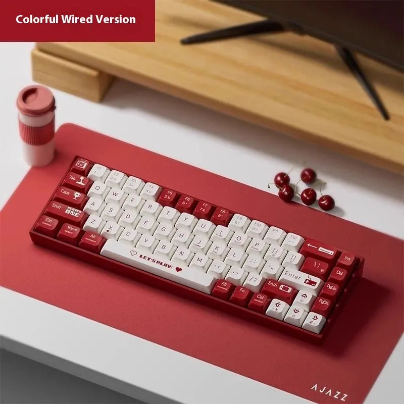 Ajazz AK680 red and white mixed colour hot-swappable mechanical gaming keyboard on a desk
