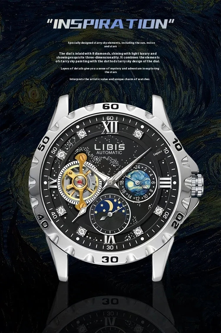 Men's automatic mechanical watch with starry dial, silver case, black genuine leather strap and transparent back