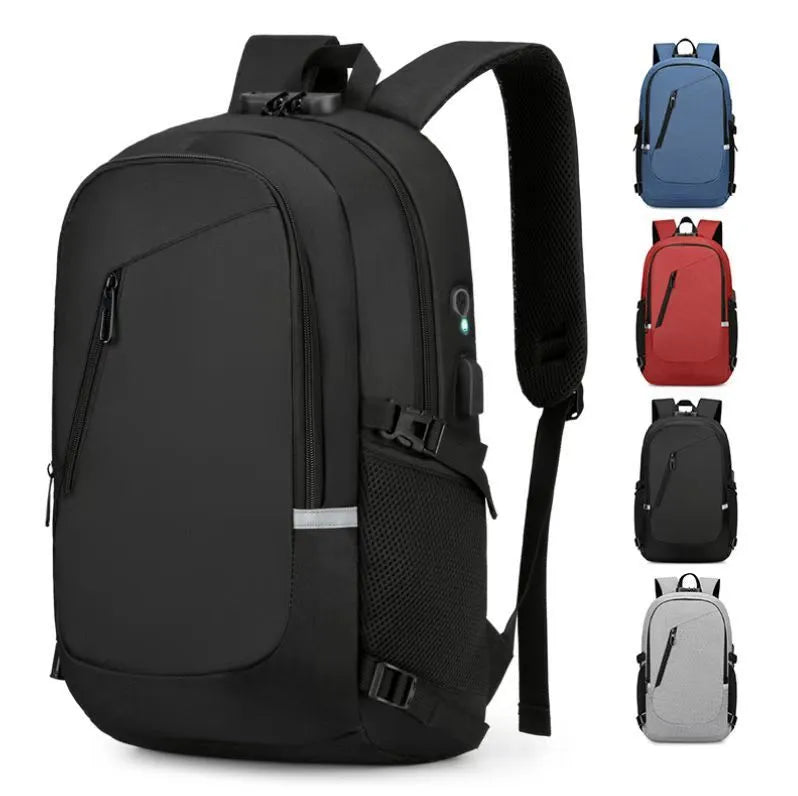 Oxford cloth computer backpack in blue, showing front view with dimensions 50cm high by 19cm wide.