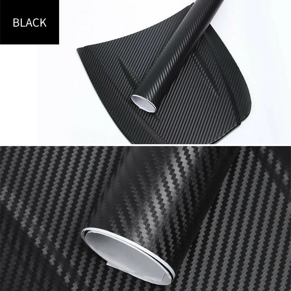 Roll of 3D carbon fibre car sticker showing black, silver, blue, and yellow colour options