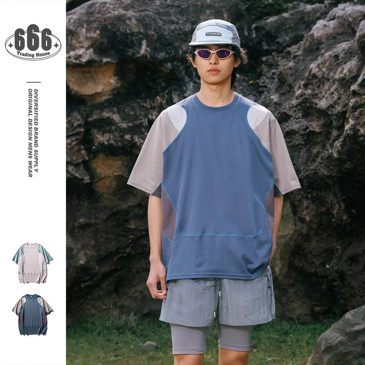 Men's loose patchwork contrast colour sports T-shirt with short raglan sleeves in cotton blend fabric