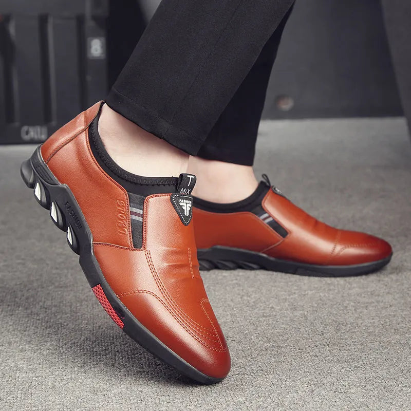 Men's plain toe business shoes in black and brown PU leather with lace-up and slip-on style options.