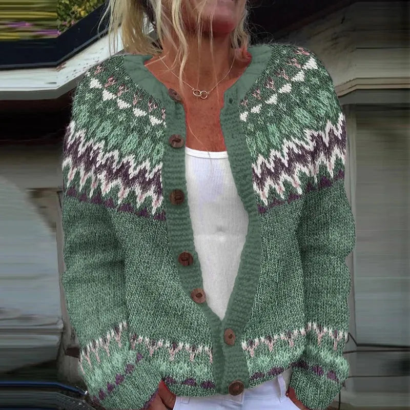 Yellow cardigan knitted coat with a 3D digital print pattern, shown open with regular sleeves.