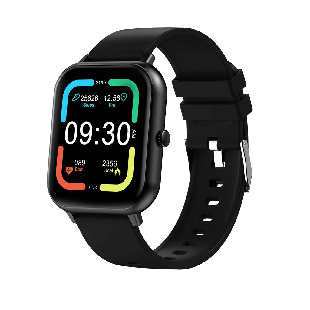 Black Bluetooth smart watch with AI voice control and heart rate monitoring on a wrist.