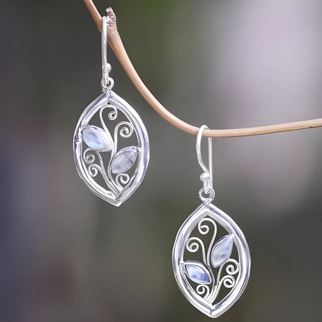 Silver moonstone earrings with embedded colourful leaves design women's jewellery