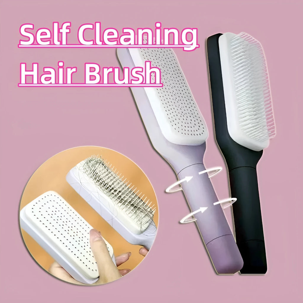 Roland purple self-cleaning hair brush with anti-static massage comb showing telescopic cleaning mechanism
