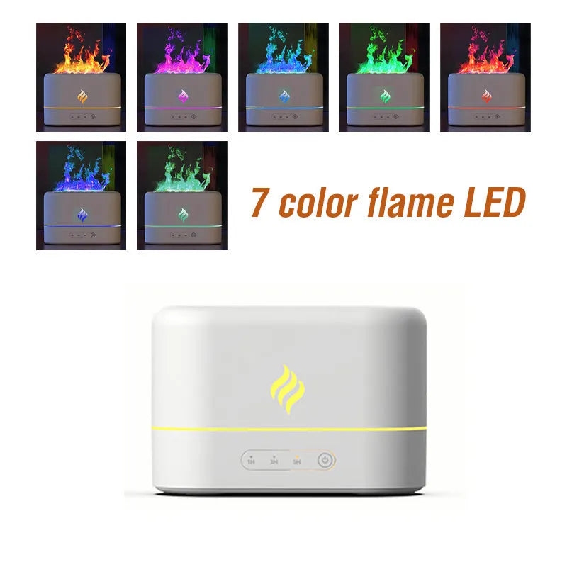 Black USB humidifier with seven-colour flame effect on wooden surface