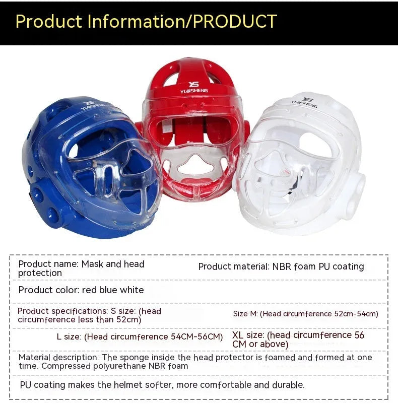 Karate helmet protective equipment for boxing in blue, red, or white colours with S, M, L, XL sizing options