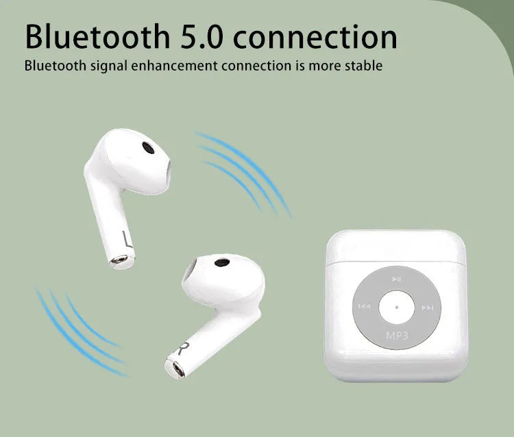 White wireless Bluetooth 5.0 semi in-ear earphones with charging case and noise reduction feature