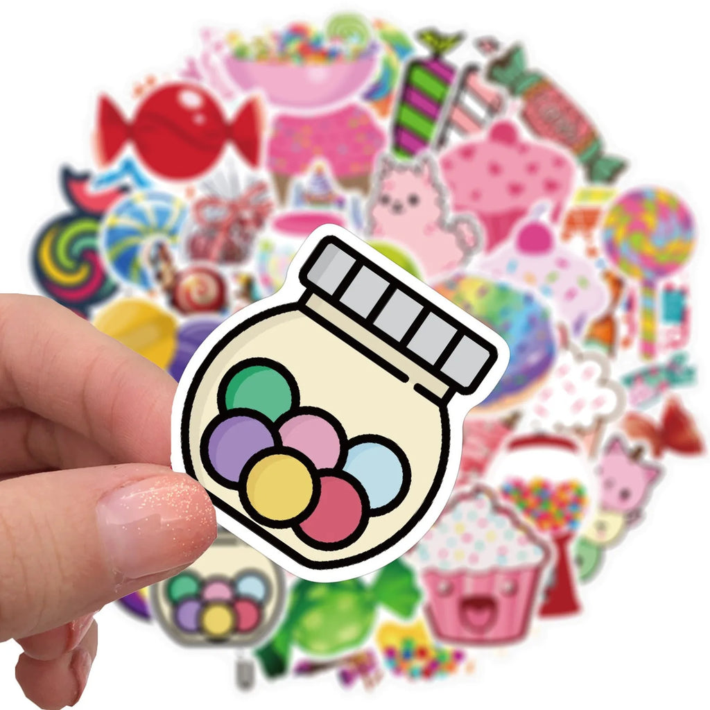Pack of 50 colourful Candy series graffiti stickers with cartoon designs measuring 4-6cm.
