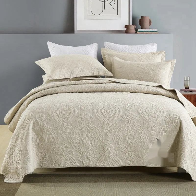 Pure cotton bedding set with damascus pattern showing embroidery details and quilted finish on bed