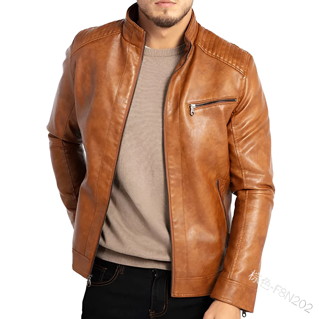 Men's brown artificial leather punk motorcycle jacket with stand collar and patch pockets