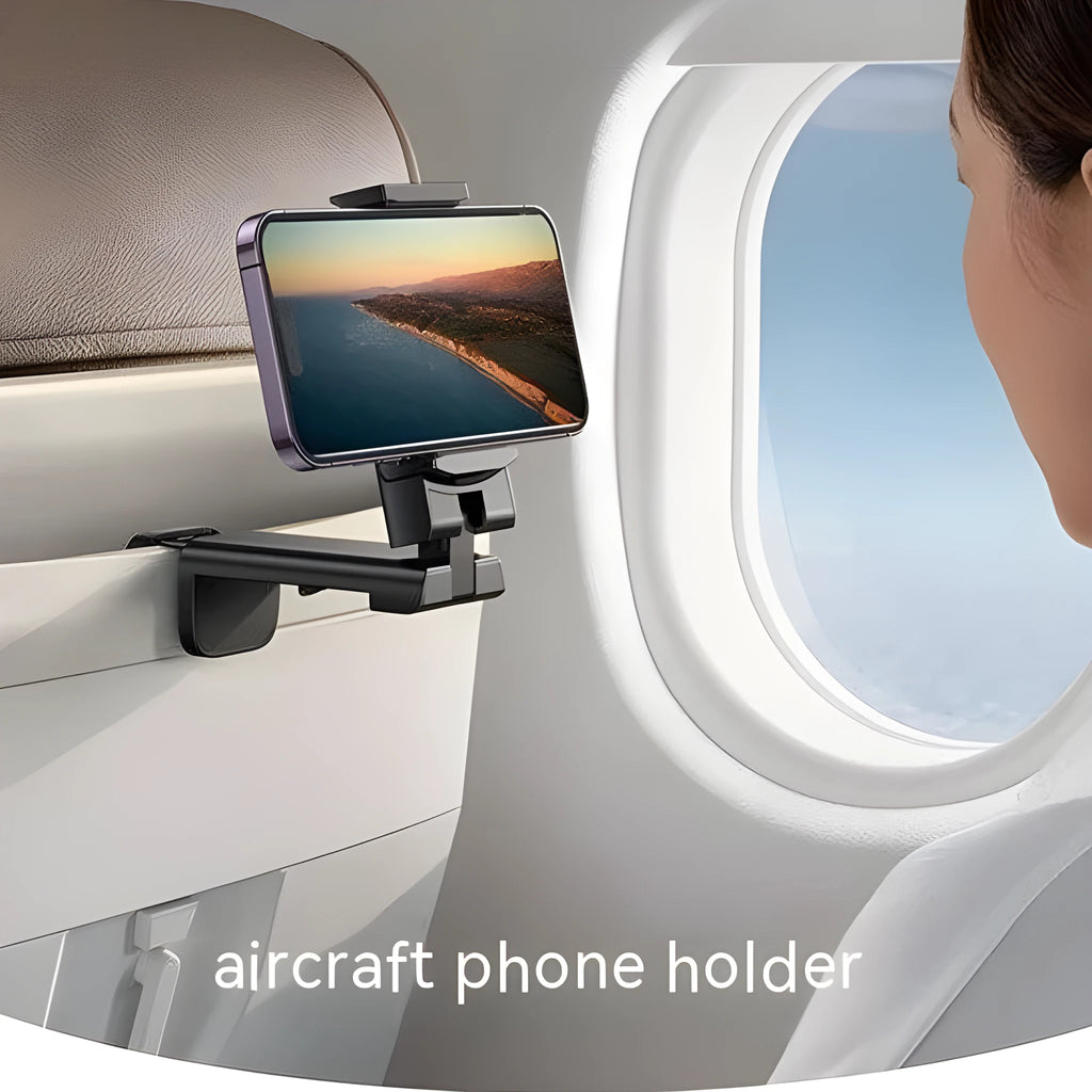 Black foldable rotating phone stand holding a mobile phone in landscape orientation on a desk.