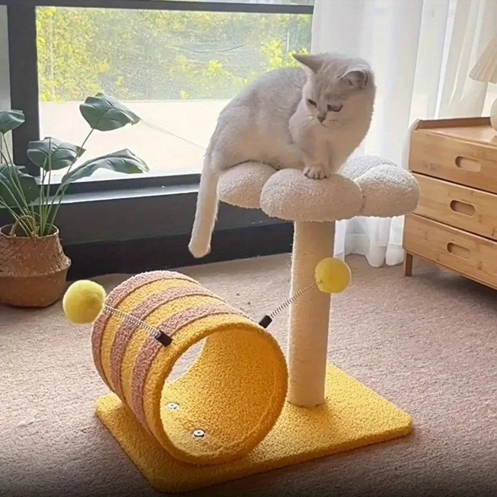 Yellow bee cat climbing frame with sisal scratching board and tunnel measuring 46x36x25cm