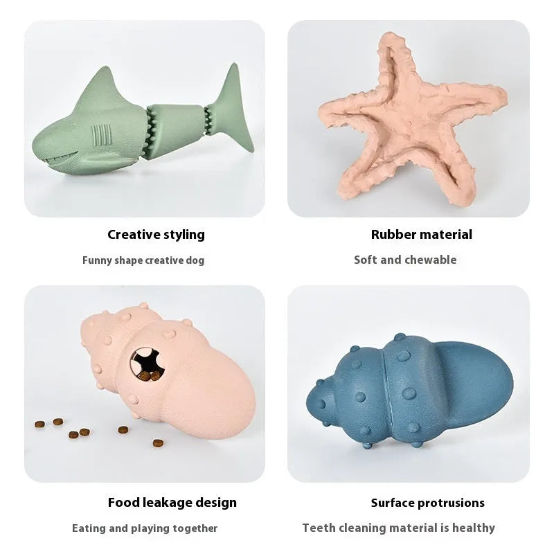 Deep sea shark rubber dog toy in blue or green colour options for pet chewing and play.