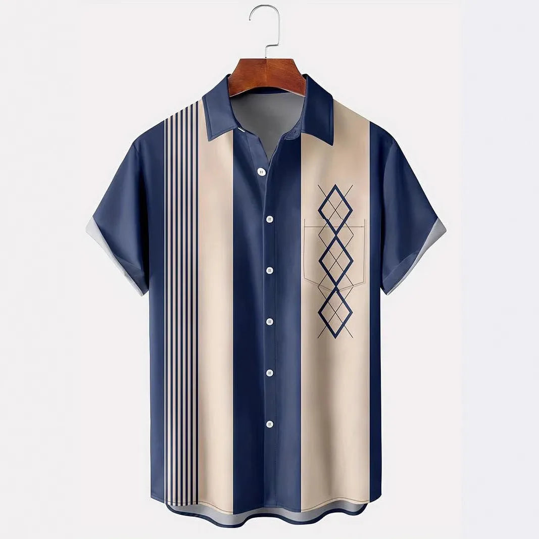 Men's loose-fitting plaid short sleeve shirt with lapel collar in contrast colours