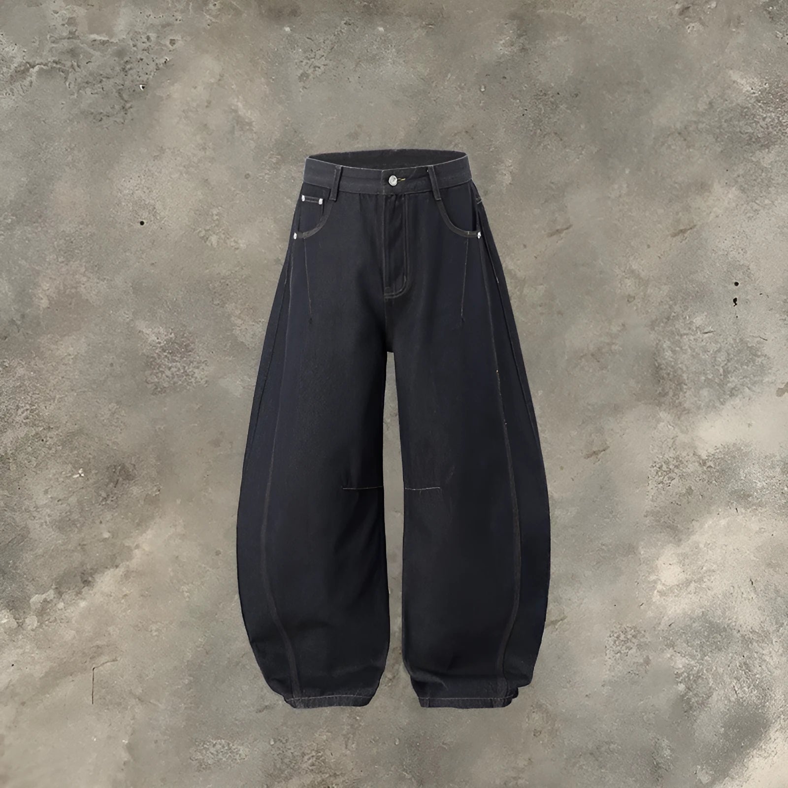 Men's wide-leg denim trousers in original cow colour, showing relaxed fit and mid-waist design.