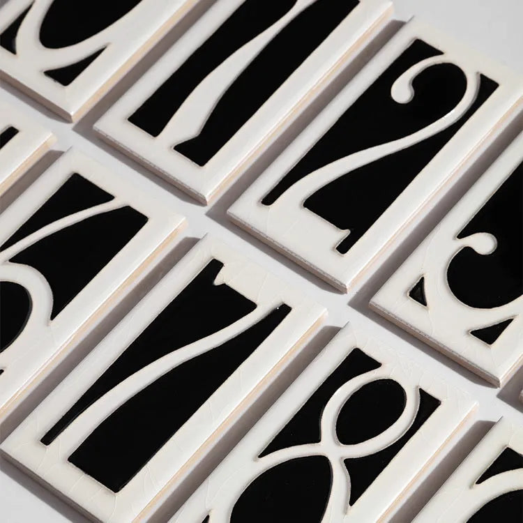 Handmade retro enamel art ceramic doorplate showing number design options on a 76mm by 152mm plate.