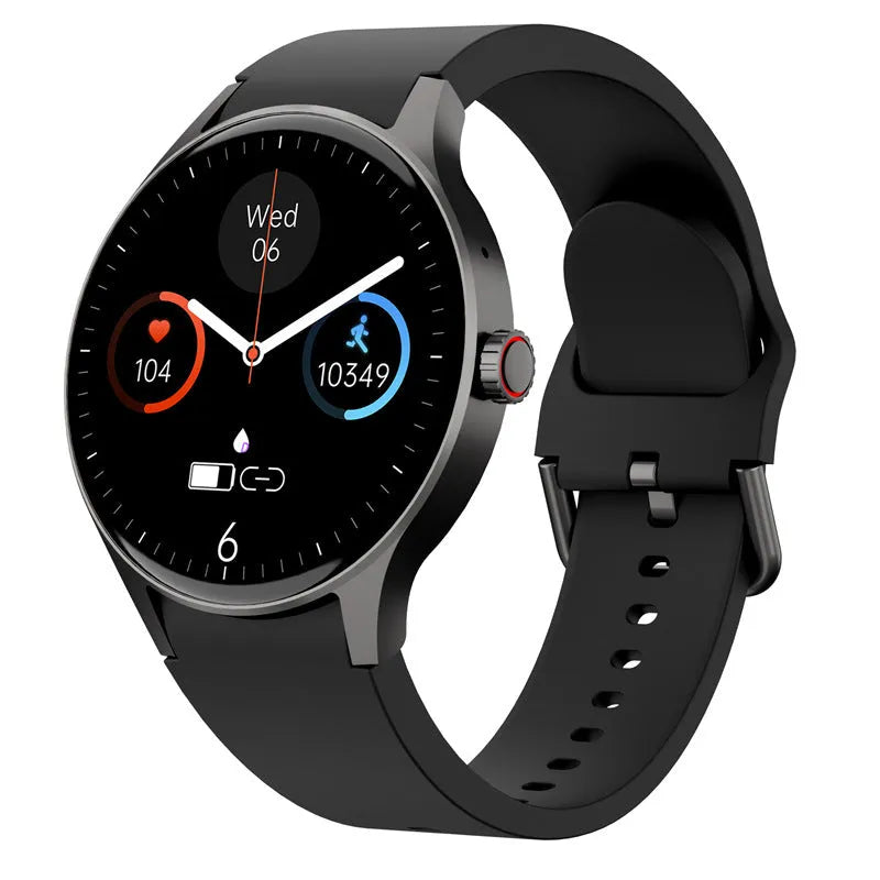 46mm smart sport watch with round touch screen in black, blue, pink, or red colour options