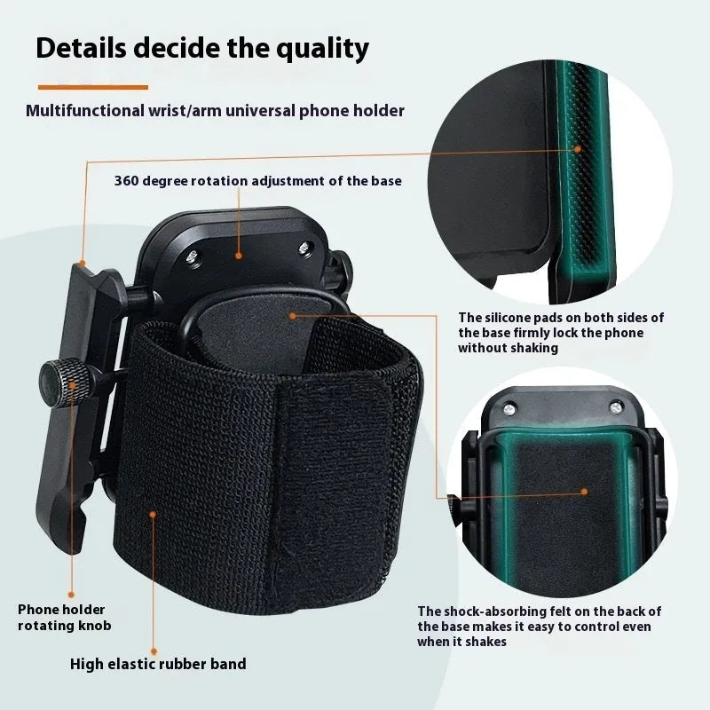 Universal plastic arm and wrist mobile phone bracket for outdoor running and sports, shown as a fixed phone stand.