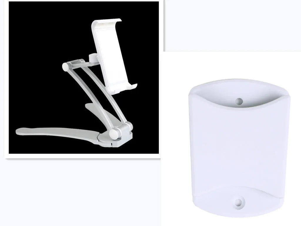 Silver aluminium alloy desktop stand holding a tablet, showing its adjustable clip and mounting base.