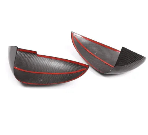 Pair of black true carbon fibre rearview mirror covers for Porsche Macan 2014-2022 models.