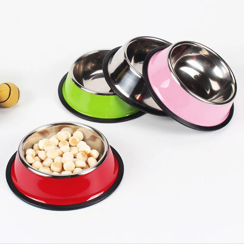Stainless steel pet bowl with colourful melamine exterior and non-slip rubber base ring