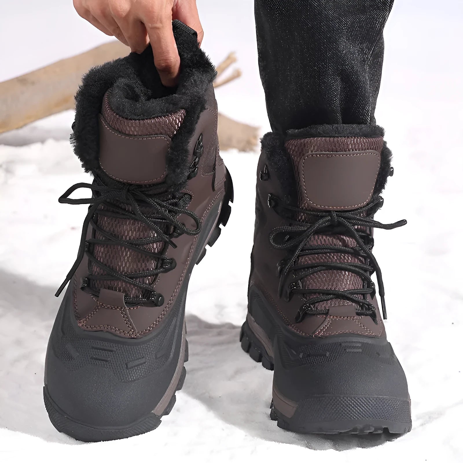 Men's black fleece-lined high-top boots with lace-up front and tall crown design