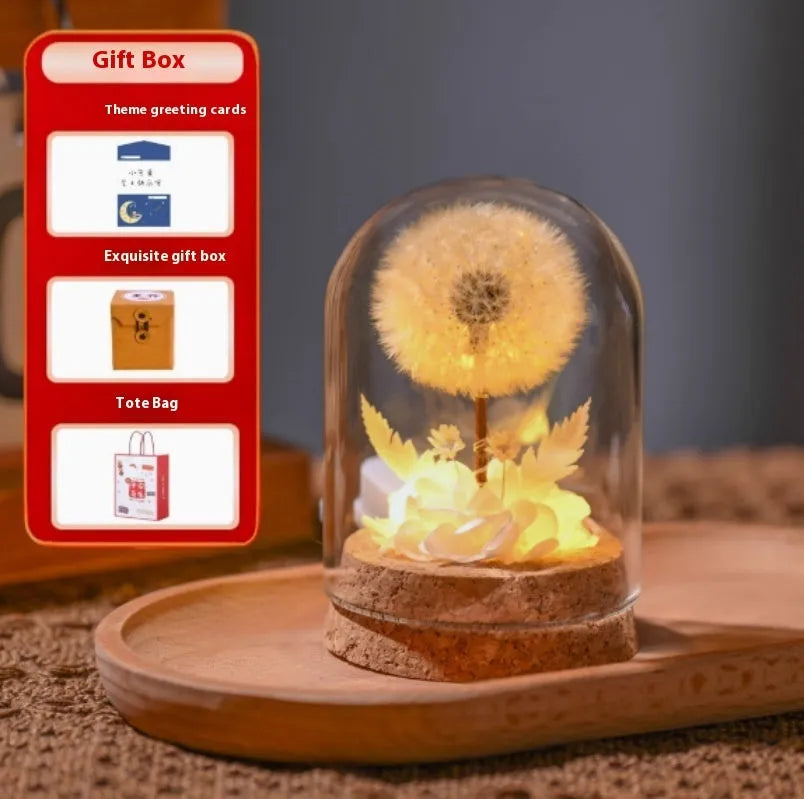 Glass dandelion-shaped night light ornament with gradient colour options on display surface