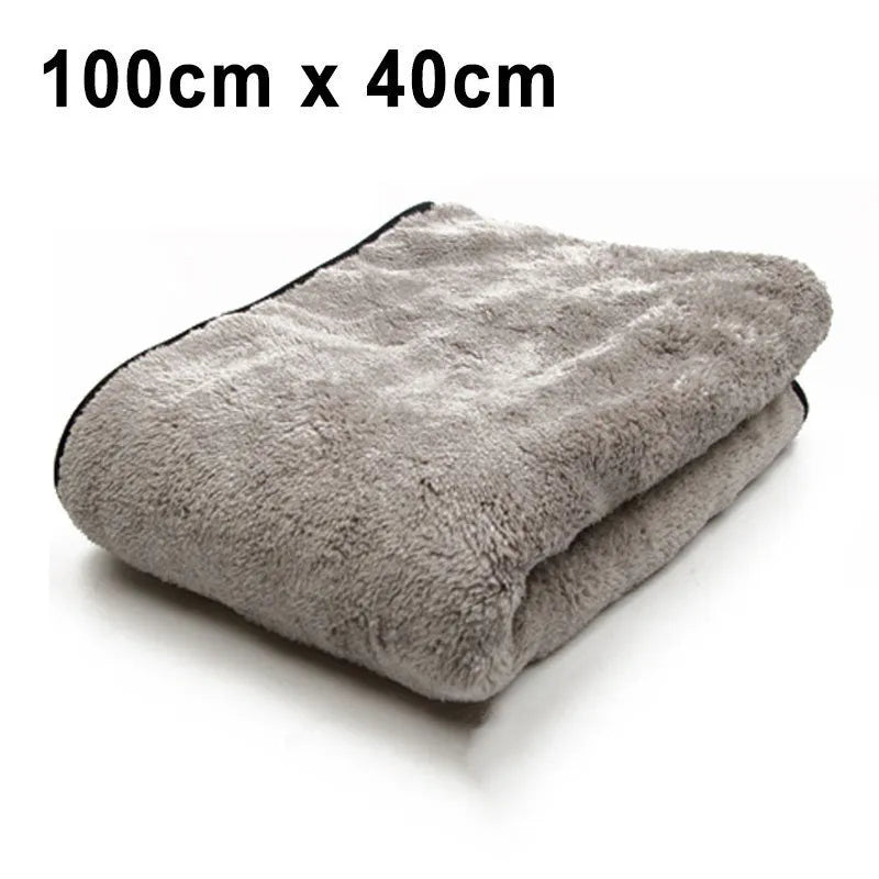 Microfiber car wash drying towel shown in three size options: 75x35cm, 60x40cm, and 100x40cm