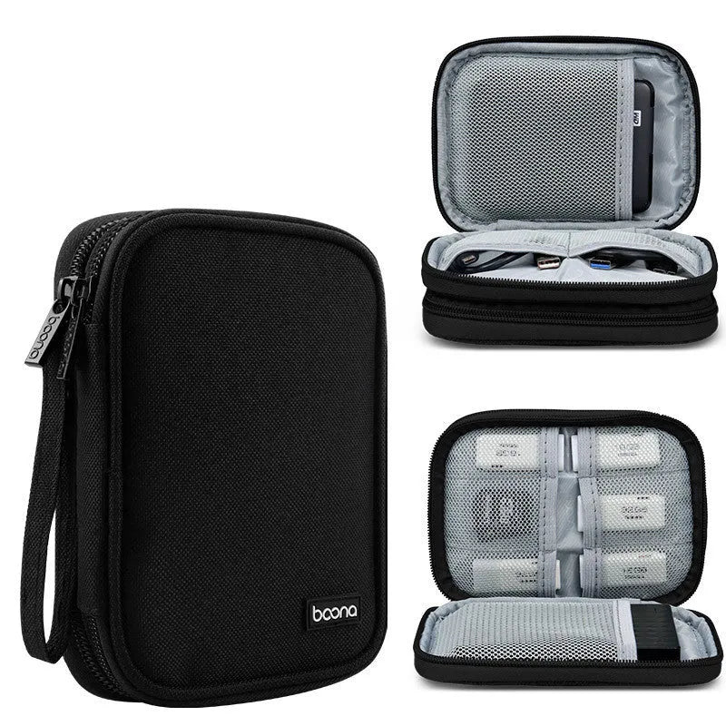 Black and grey Oxford cloth protective covers for 2.5-inch portable hard drives.