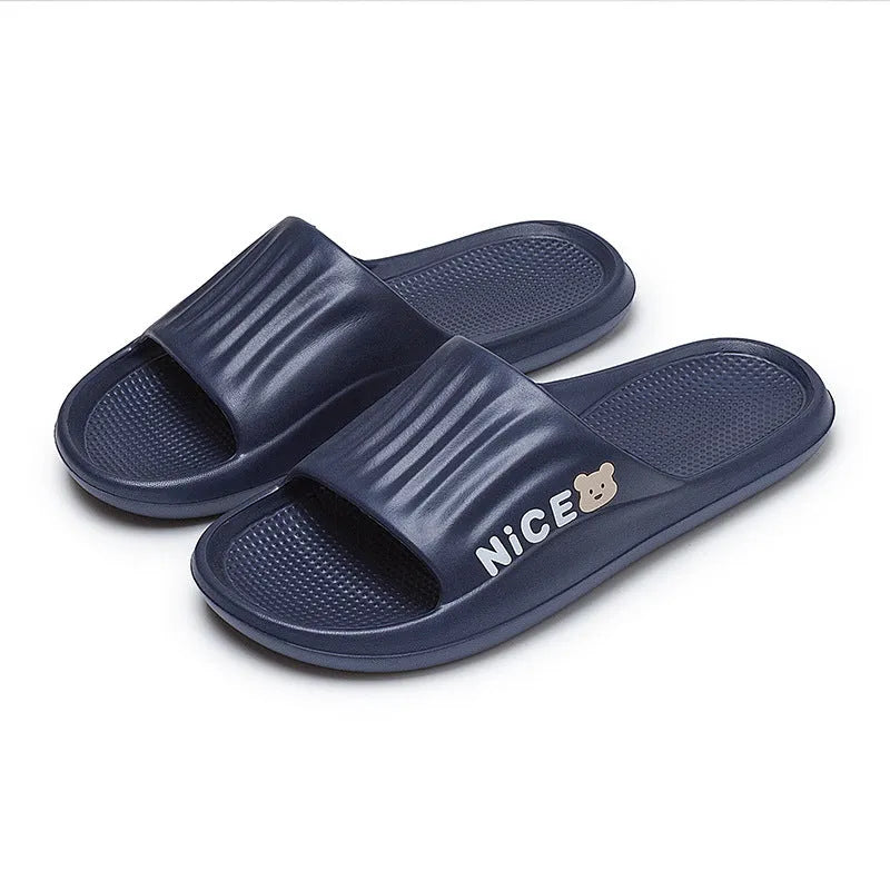 Cartoon pattern EVA slippers in various colours showing flip-flop style with non-slip soles