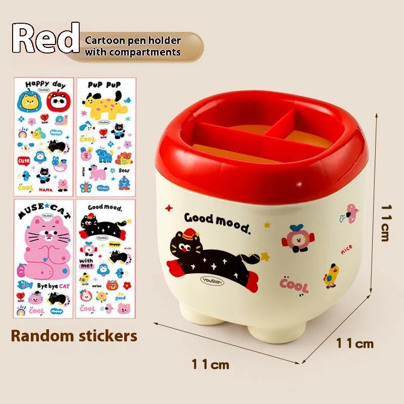 Plastic desktop storage box with cartoon stickers showing 2L capacity for stationery organisation