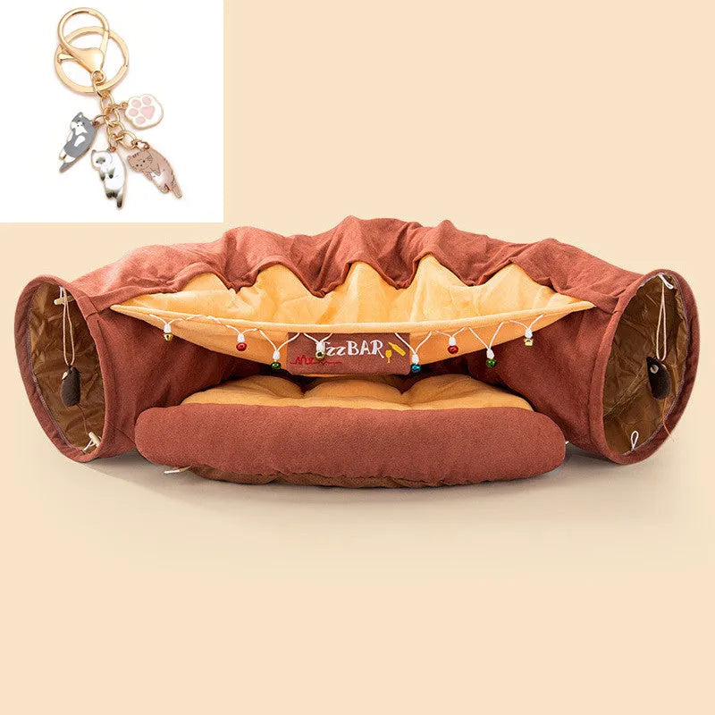 Collapsible cloth cat tunnel folded and unfolded showing Bar, Coffee, Matcha, Pink colour options