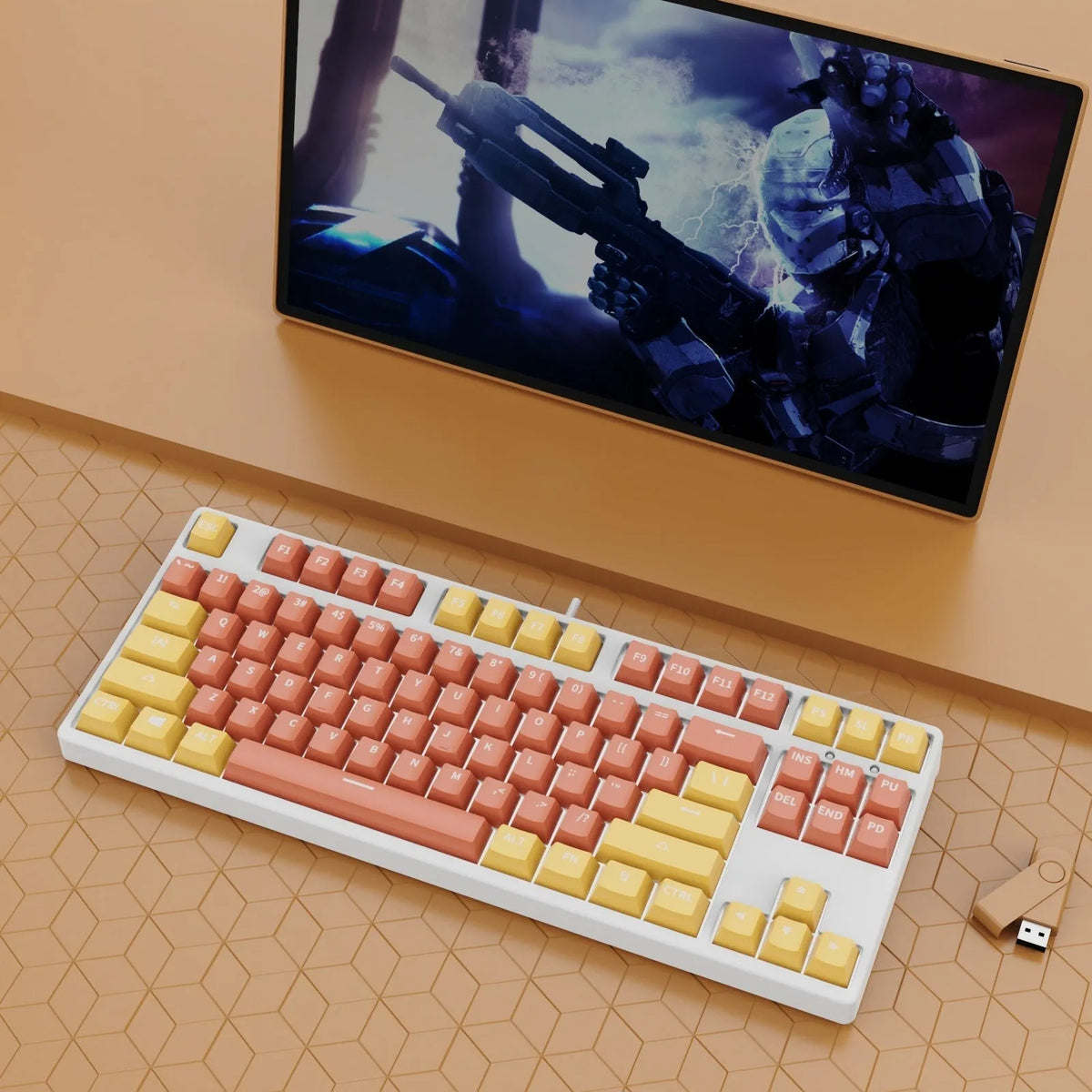 87 key wired mechanical keyboard with hot-swappable switches showing dual-colour keycap theme on metal body